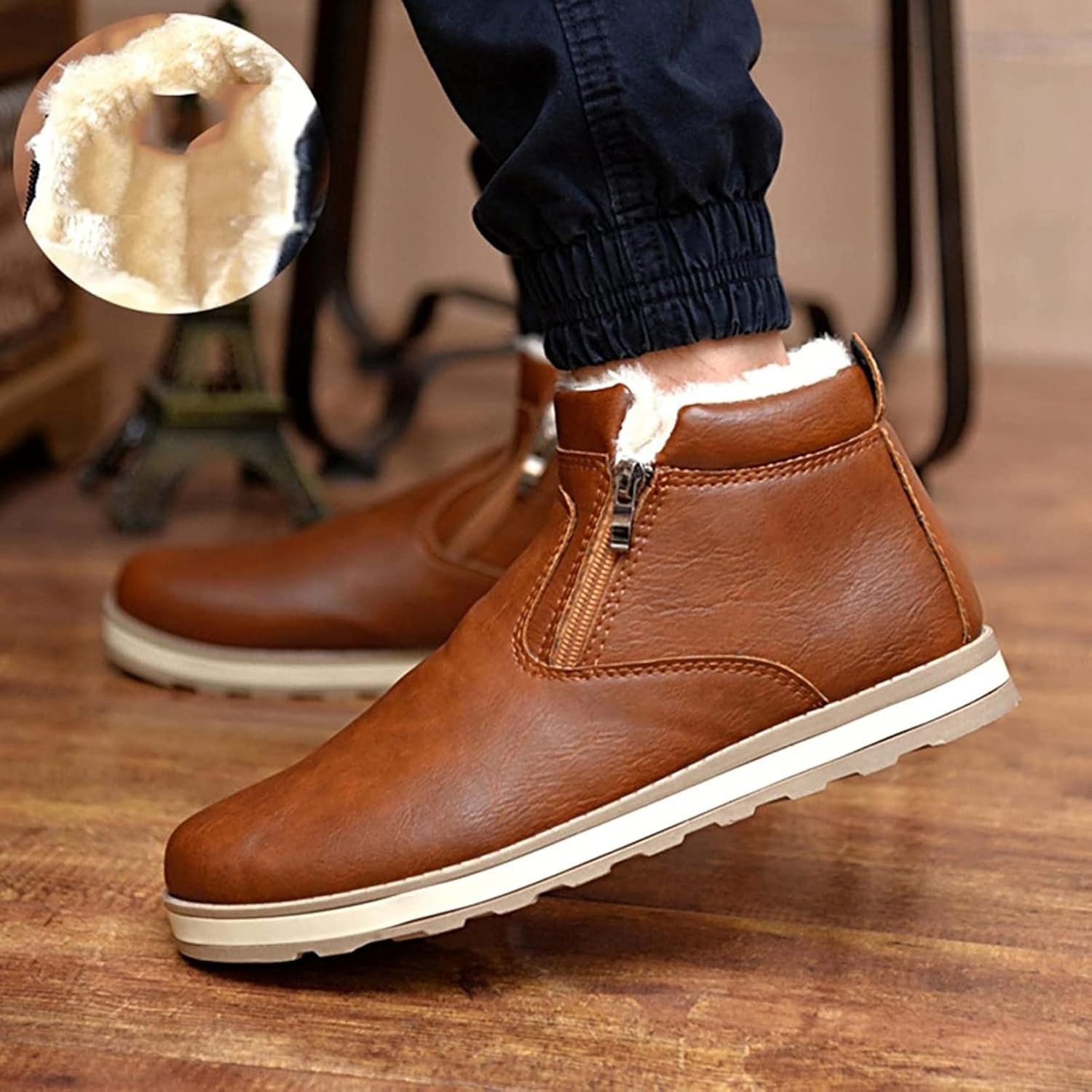 Мужские зимние высокие кожаные ботинки Yiozoi Ankle Snow, ветронепроницаемые, с двойной молнией, округлым носком, повседневные ботинки, коричневый — фото 3