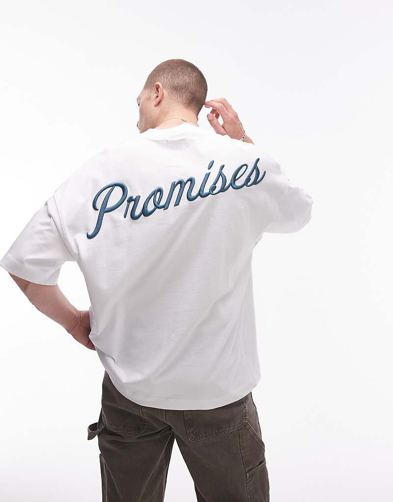 

Белая футболка Topman Heavyweight Extreme Oversize с зеленой вышивкой «Promises» спереди и сзади