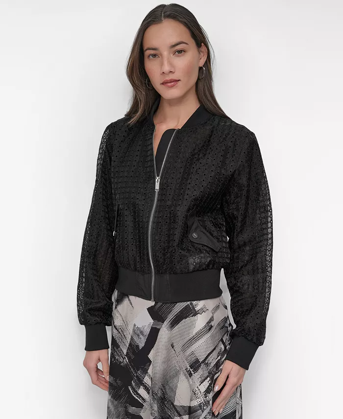 

Женская жакет из органзы с ажурной вышивкой DKNY, черный