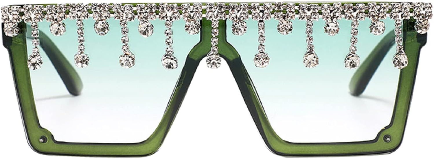 

Крупные квадратные солнцезащитные очки с блестками и стразами для женщин и мужчин, с плоской верхней частью, модные солнцезащитные очки с бриллиантовой кисточкой и сверкающими элементами mincl, Green