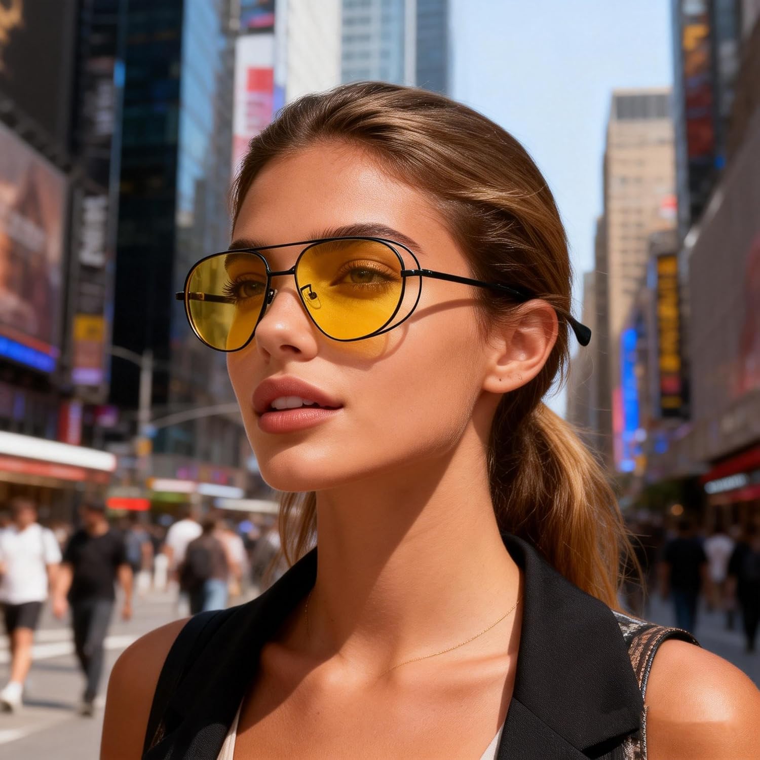 

bullabulling Модные солнцезащитные очки-пилот большого размера для женщин, золотистые линзы цвета шампанского, металлическая оправа, ажурные солнцезащитные очки для женщин, Black/Yellow