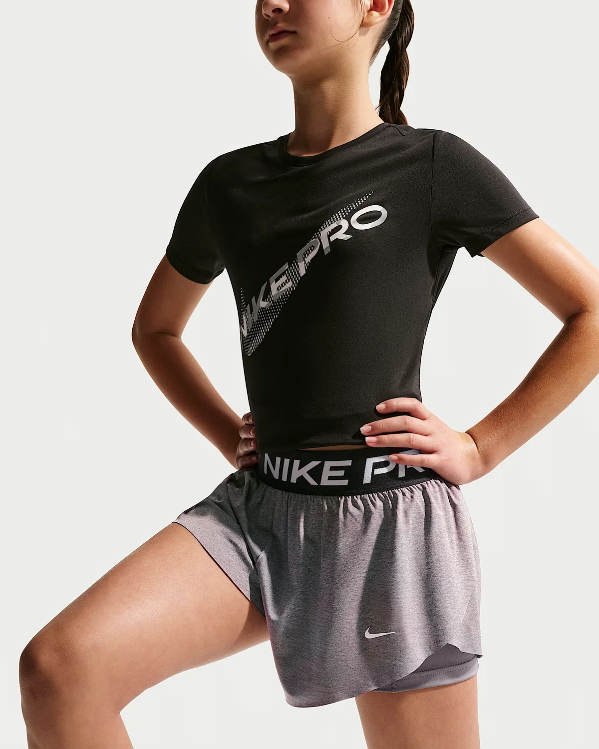 Детские (девочки) шорты Nike Pro Dri-FIT 2-in-1, Carbon Heather/Black/White — фото 4