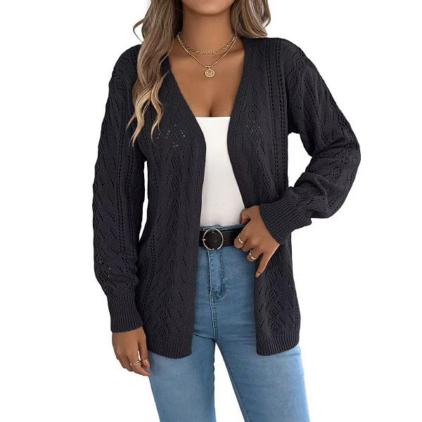 

Женский кардиган с открытой передней частью, длинный, вязаный крючком, оверсайз, однотонный Clearflower, Black