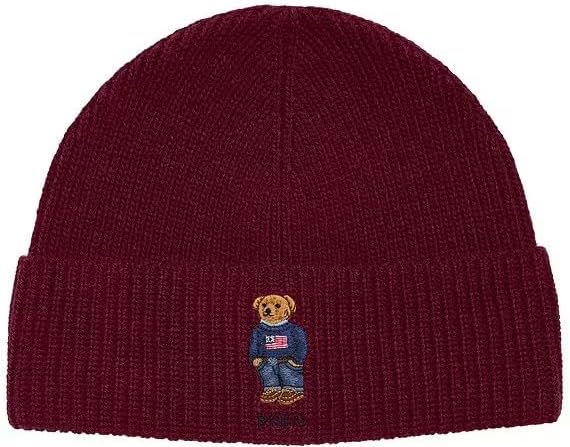 

Мужская вязаная шерстяная шапка-бини с вышитым медведем POLO RALPH LAUREN, один размер, цвет красное вино