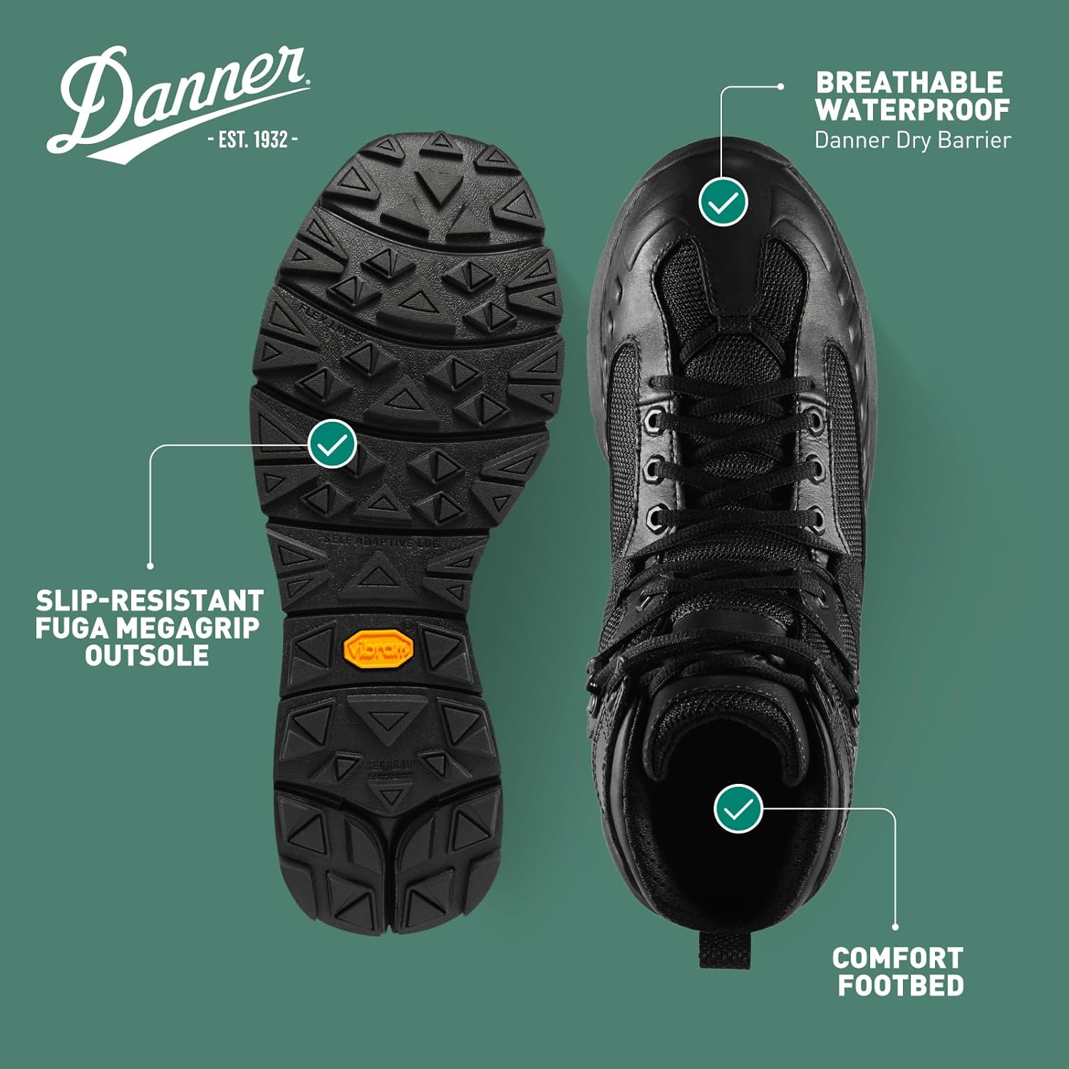 Мужские тактические водонепроницаемые ботинки Danner FullBore 4.5 черного цвета - из цельнозерновой кожи и сетки, с амортизирующей подошвой и противоскользящей подошвой — фото 4