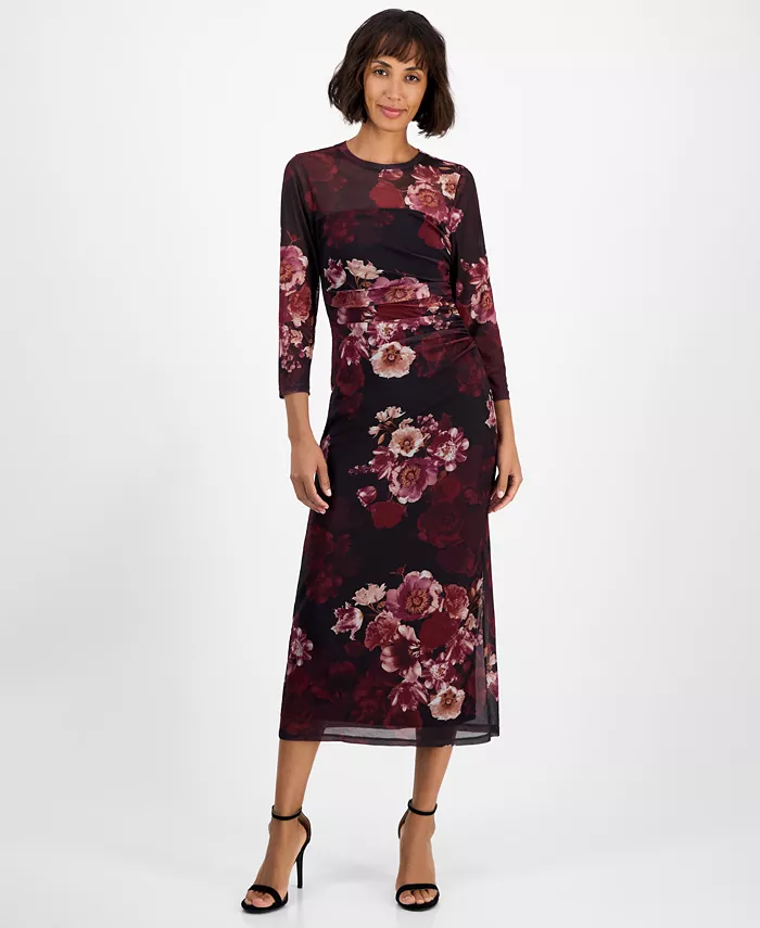 

Женское платье миди с принтом, тройной сеткой и боковыми сборками Anne Klein, красный