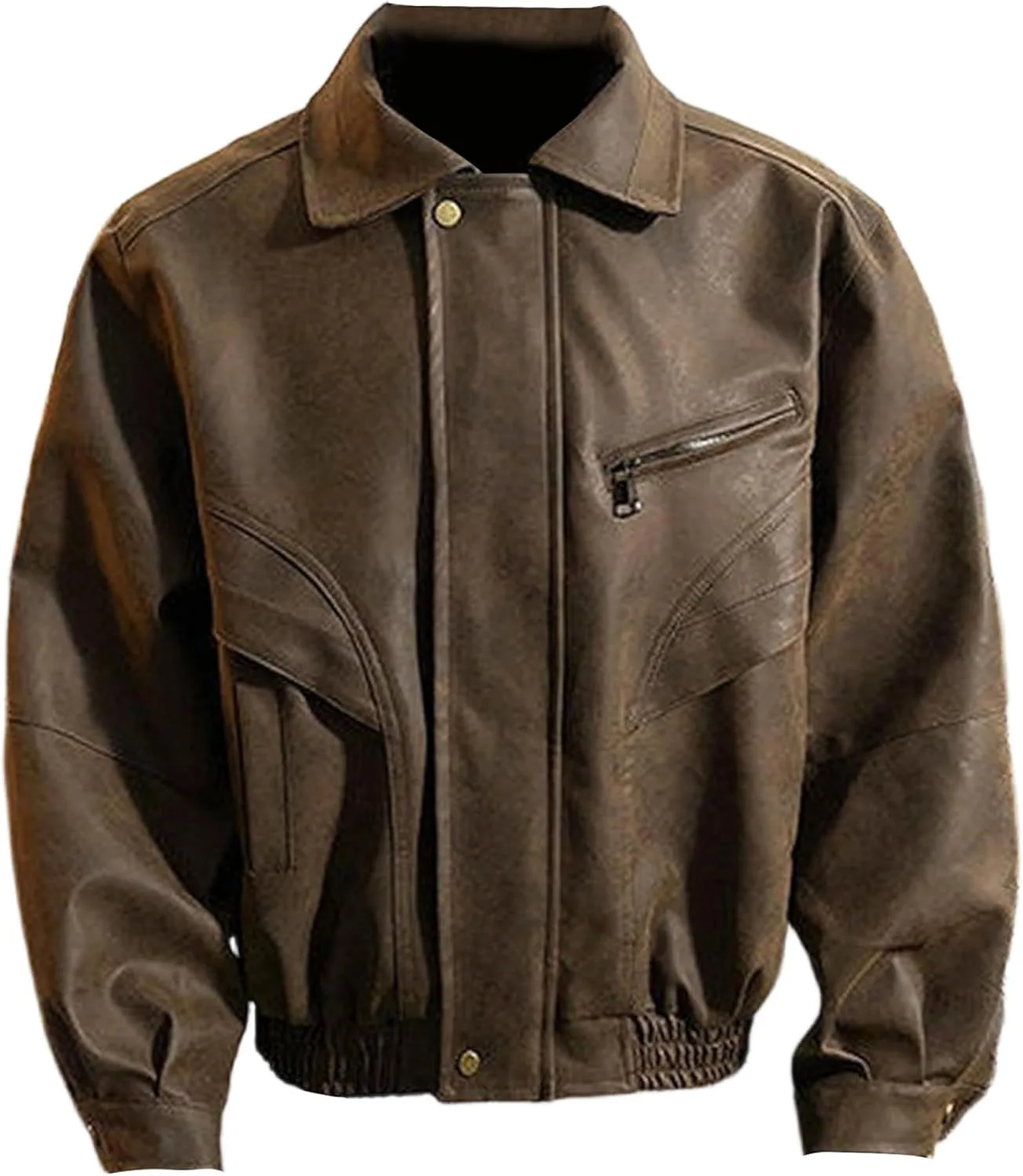 Кожаная куртка мужская Faux Leather мотоциклетная бомбер на молнии Casual Generic, коричневый