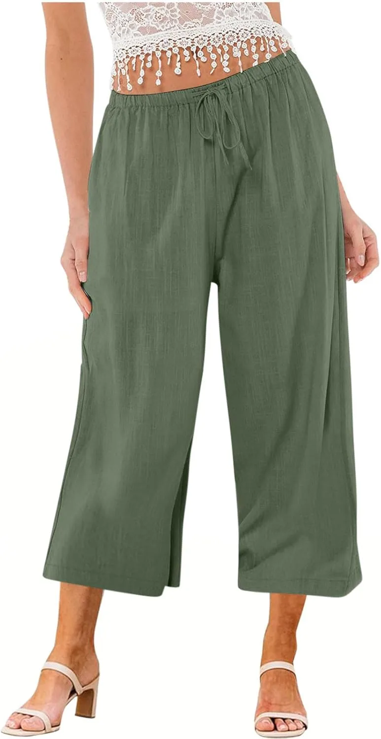 

RKSTN Женские капри для лета и пляжа, хлопок-лен, широкие брюки на резинке