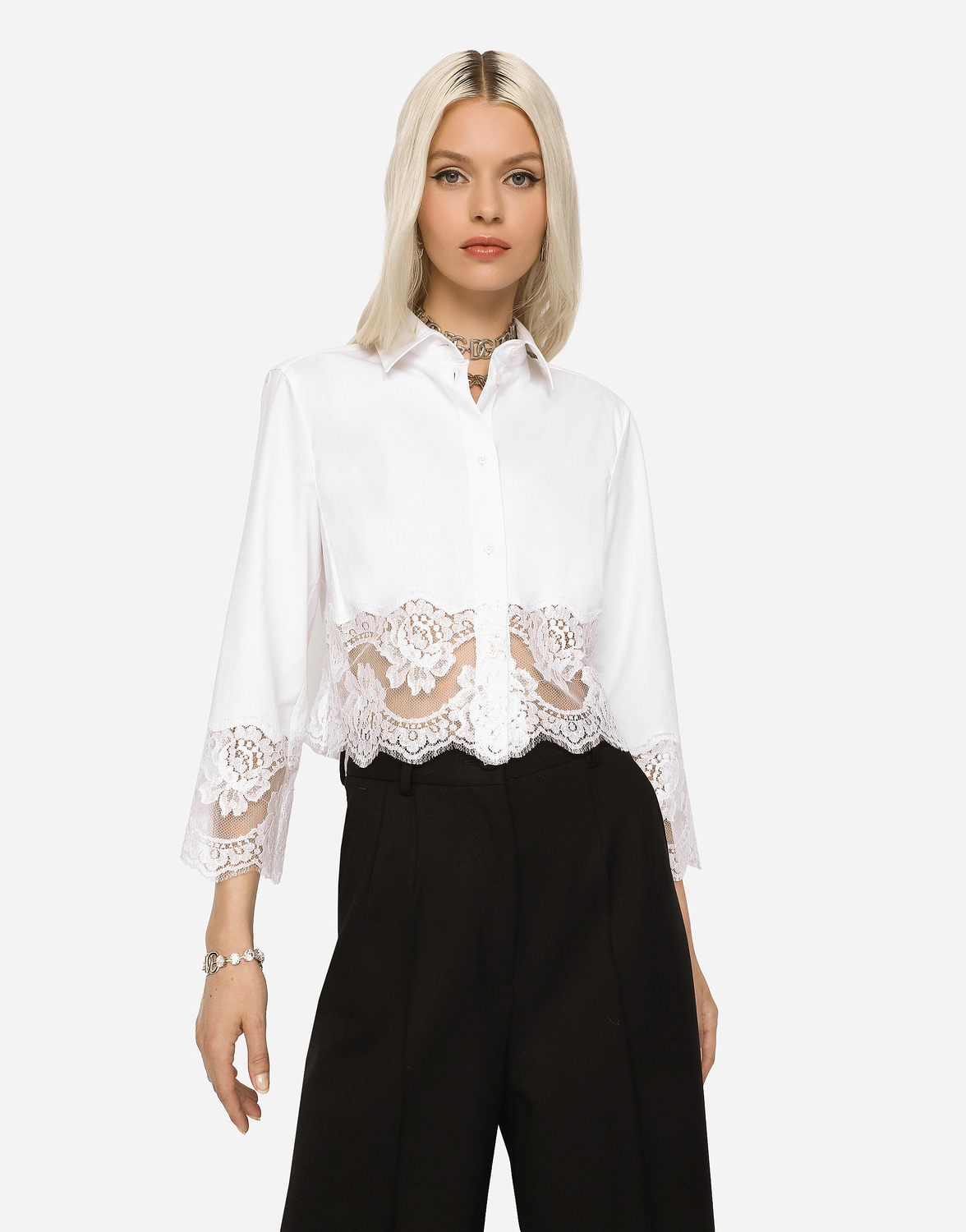 Укороченная рубашка из поплина с кружевными вставками Dolce & Gabbana, белый — фото 2
