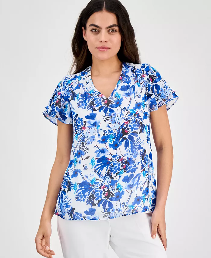 

Нежная блузка с цветочным принтом, рюшами и пуговицами Petite Floral Button-Down Ruffle Blouse AK Anne Klein, мультиколор