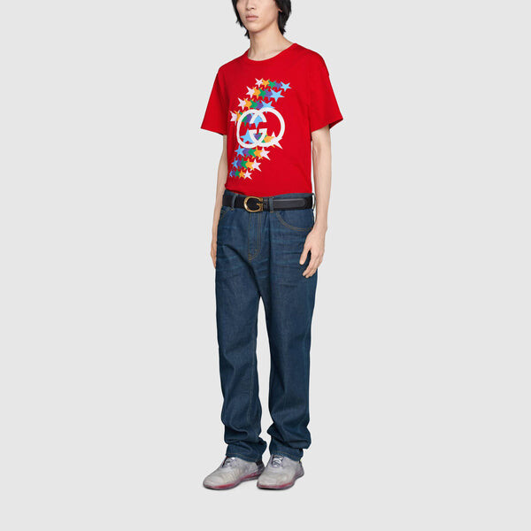 Футболка GUCCI SS21 520 Rainbow Stars Logo tee 'Red', красный — фото 4