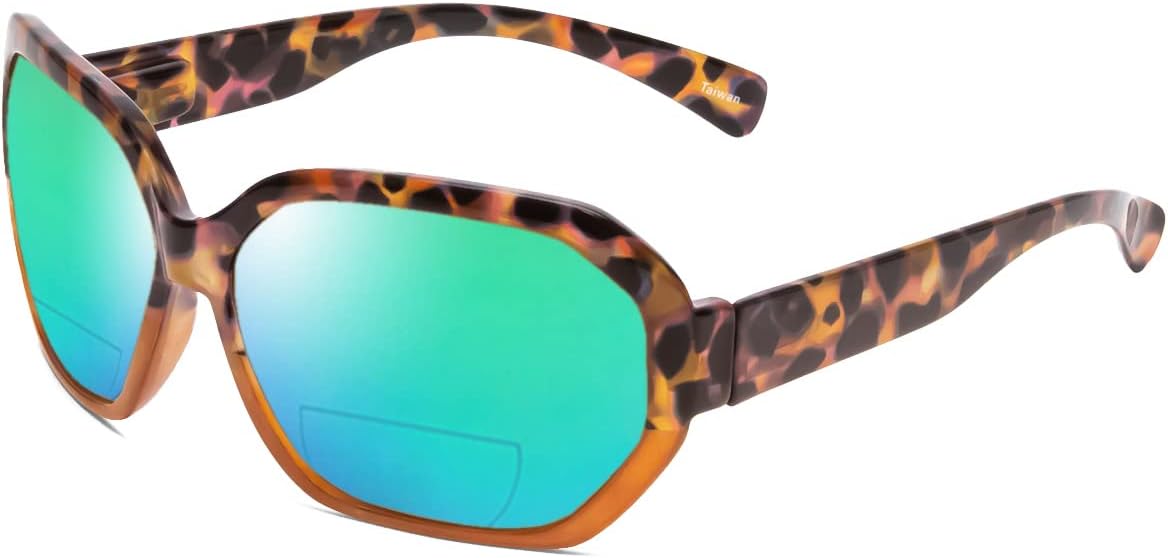 

Женские солнцезащитные очки для чтения Calabria 644SB увеличенного размера с шестиугольными бифокальными линзами, поляризованными линзами, защитой от УФ-излучения и жестким футляром, Caramel Polarized Green Mirror