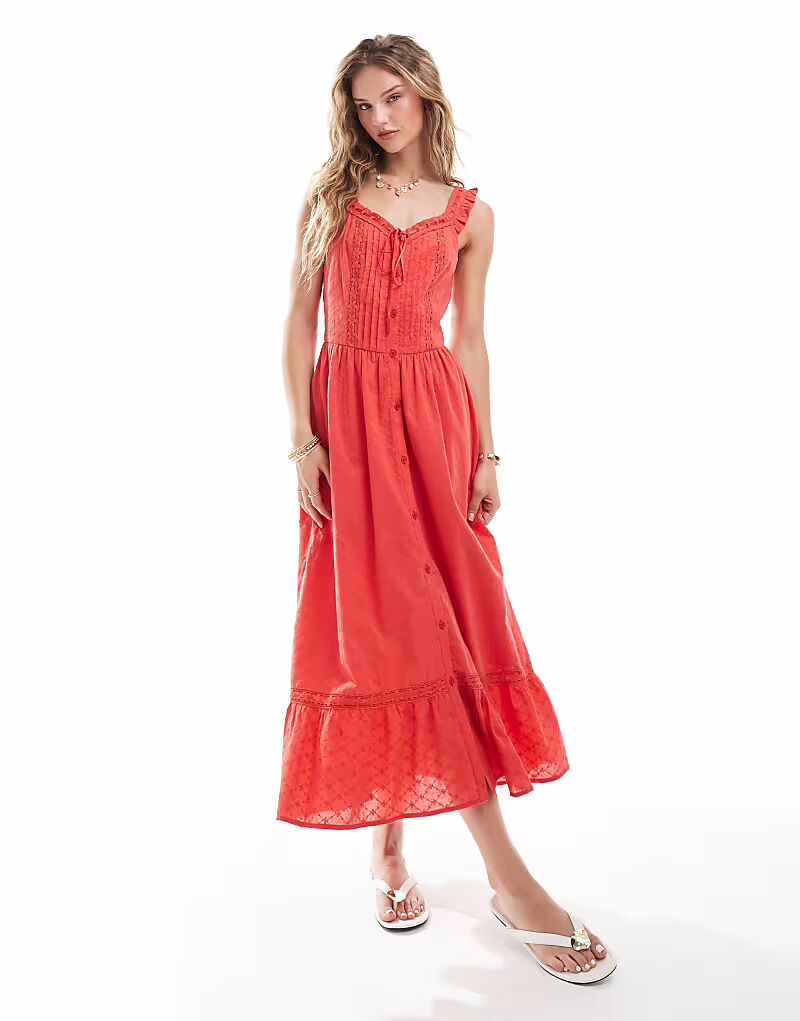 

Платье-макси Miss Selfridge в стиле молочницы с вышивкой красного цвета