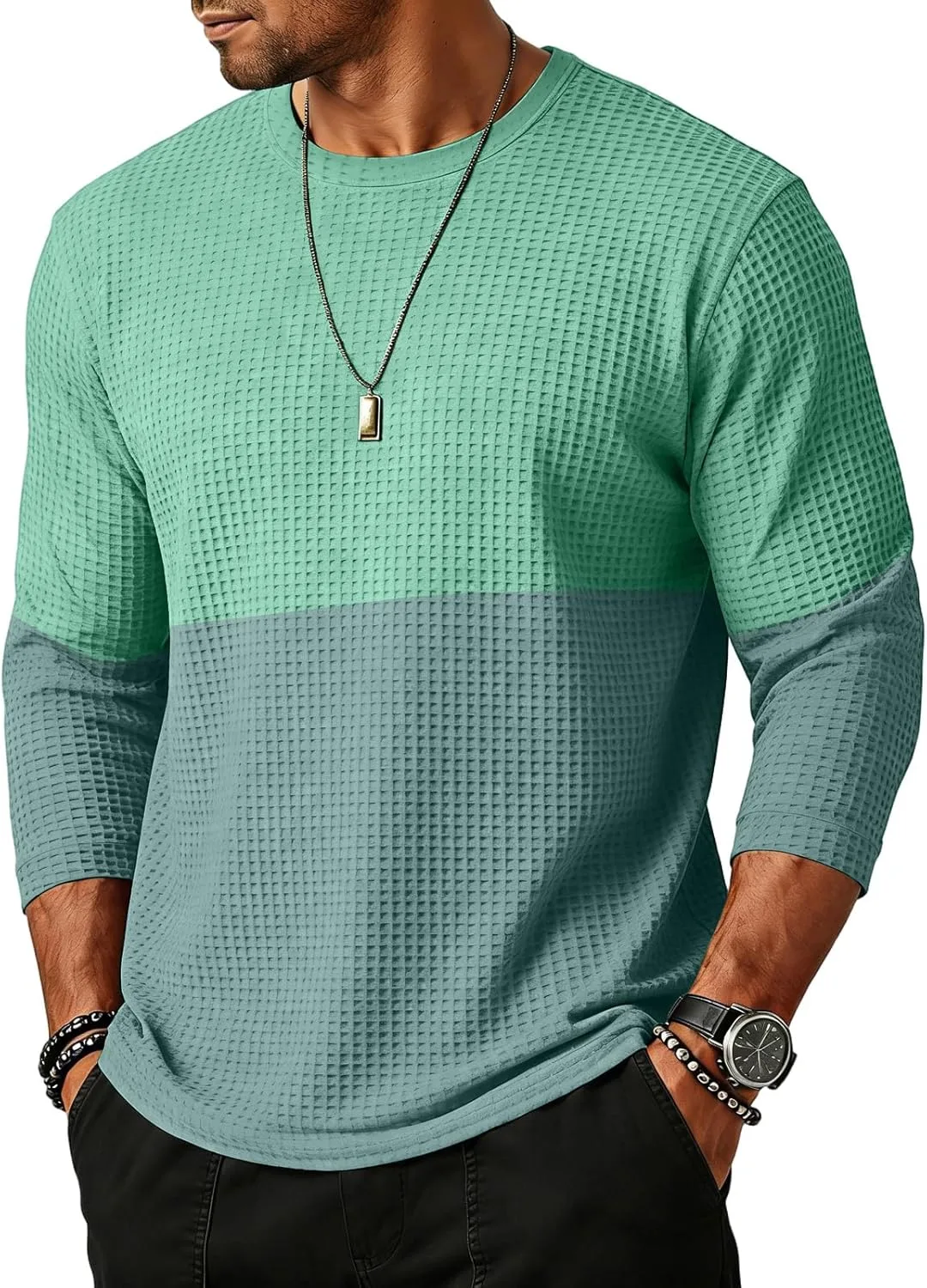 

WENKOMG1 мужская футболка с вафельной вязкой, 3/4 рукава, crew neck, S-3XL