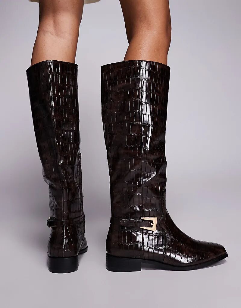 Сапоги Public Desire Wide Fit Mackie с пряжкой, коричневые, с крокодиловой кожей — фото 3
