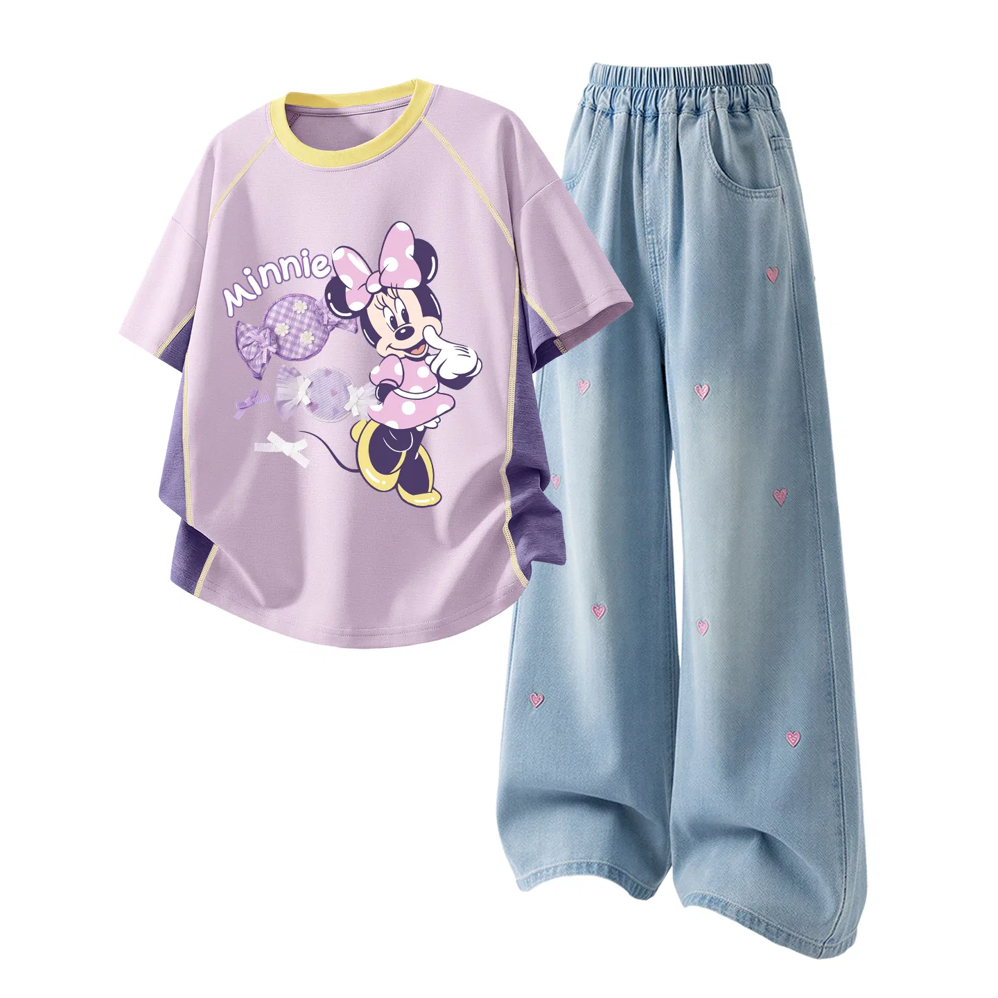 Детская повседневная спортивная футболка с круглым вырезом Disney, Diyanghua Purple+Solid Color Denim Light Blue