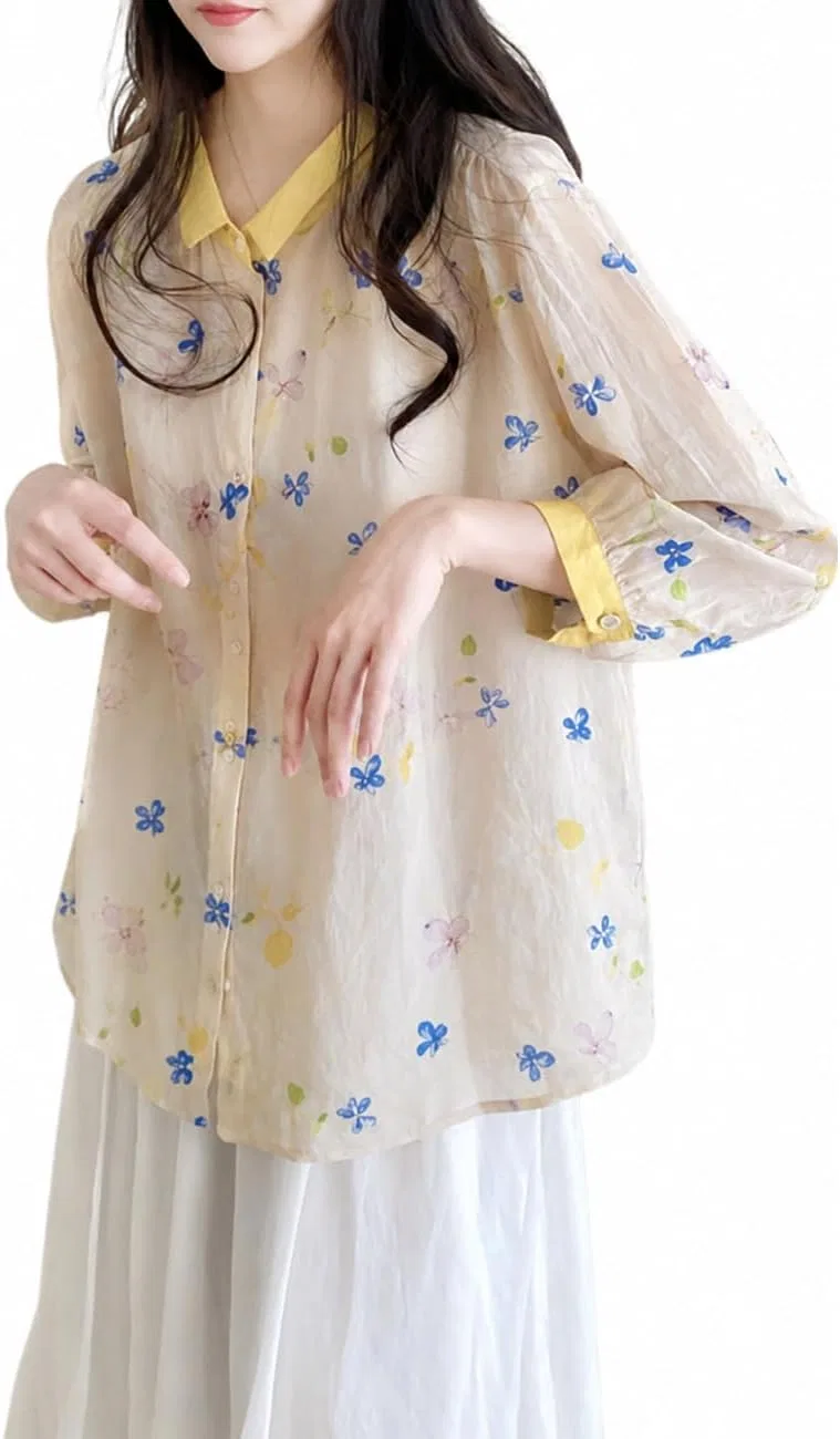 Блуза с цветочным принтом, женская, Regular Fit, бежевая с синим цветочным узором