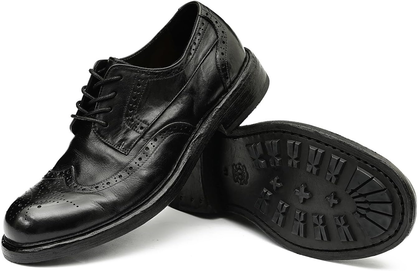 Мужские классические туфли Santimon Goodyear-Welted Wingtip Derby - Верх из натуральной кожи коровы и ручная работа с брогированием Oxford с просторным носком для деловых мероприятий и свадеб, черный — фото 4