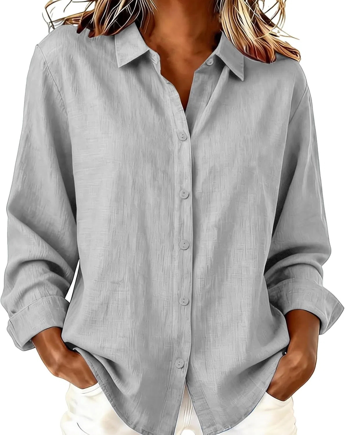 Блуза с длинным рукавом, button-down, легкая, однотонная, женская, серый