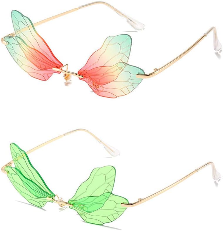 

COTIA/Модные солнцезащитные очки без оправы с изображением крыла стрекозы для женщин, винтажные, с прозрачными линзами цвета океана, мужские солнцезащитные очки розового и желтого цвета, Red Green&green