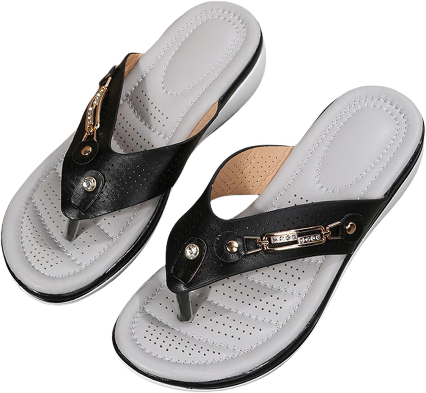 

Летние женские шлепанцы модного дизайна с наклонным каблуком, металлической пряжкой, повседневные удобные с низкой танкеткой, легкие, нескользящие, пляжные открытые с поддержкой свода стопы Kajxz, черный