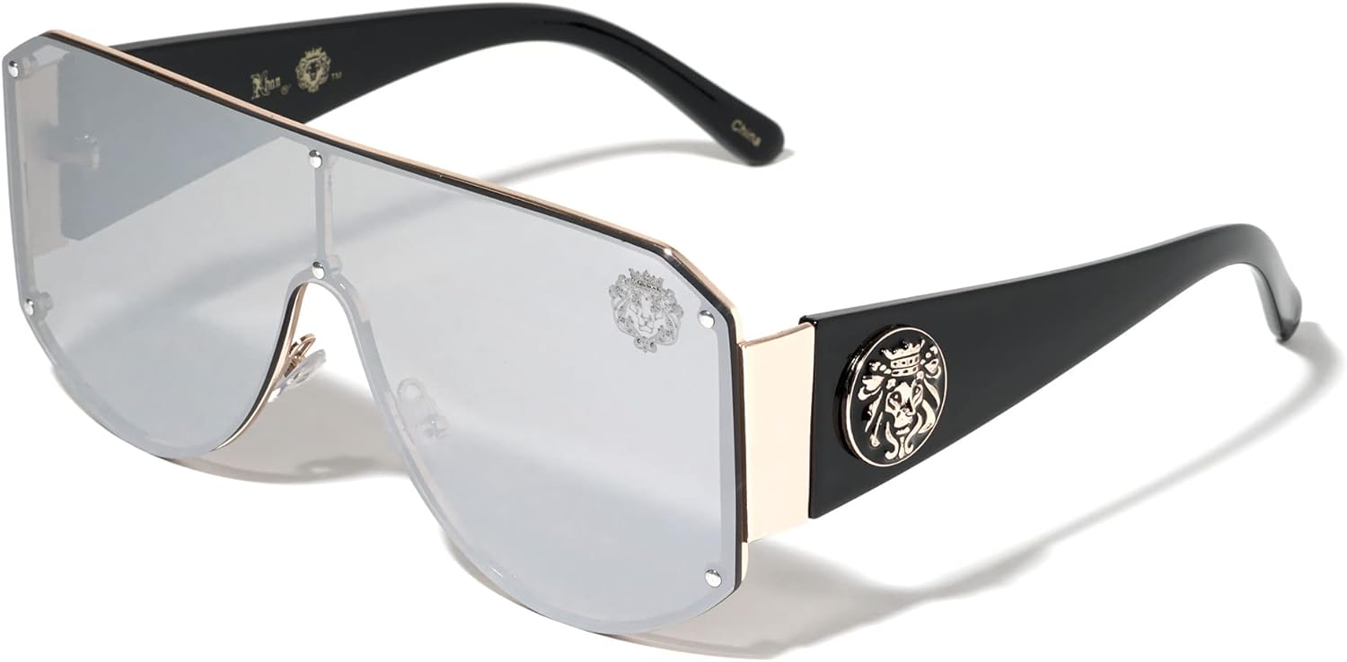 

Kleo Relic - Безободковые солнцезащитные очки в стиле хип-хоп с плоской верхней частью, заклепками, боковыми панелями в виде щита и медальоном в виде головы льва, Gray Black