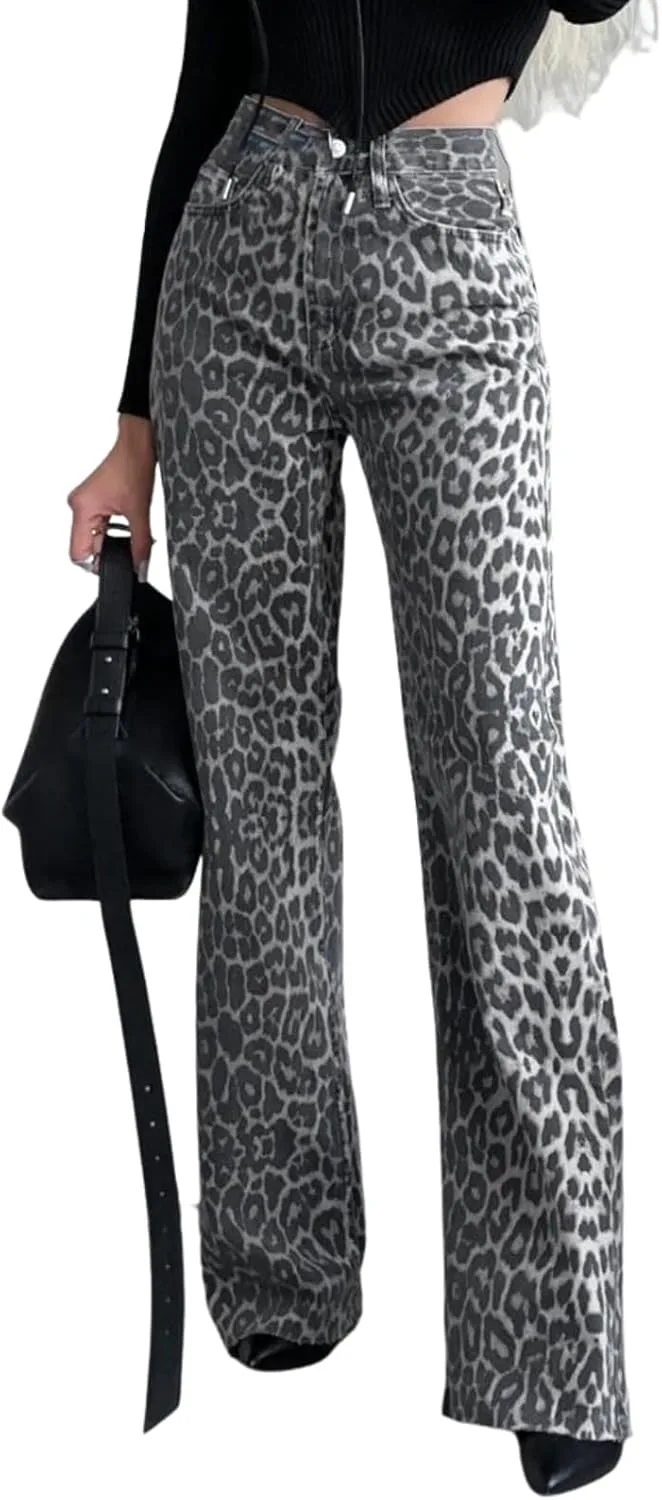 

Джинсы Leopard Print Wide Leg для женщин — высокие джинсы в стиле Y2K GoldGalleon