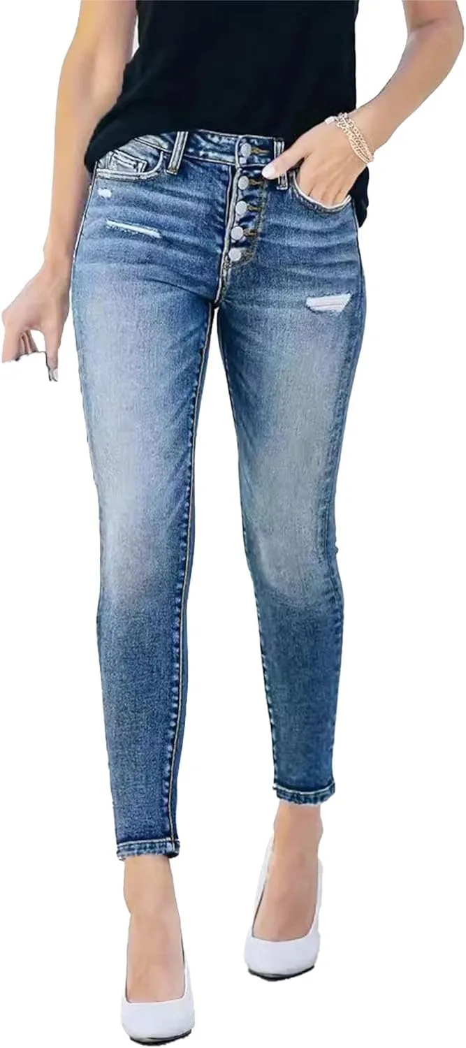 

Женские джинсы Boyfriend Skinny с потертостями и эффектом растяжки FUNRKLI