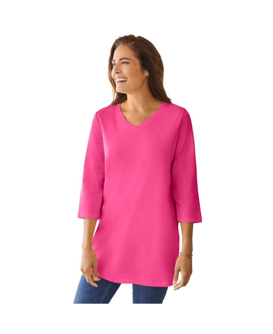 

Туника больших размеров с рукавами три четверти и V-образным вырезом Woman Within, Raspberry sorbet