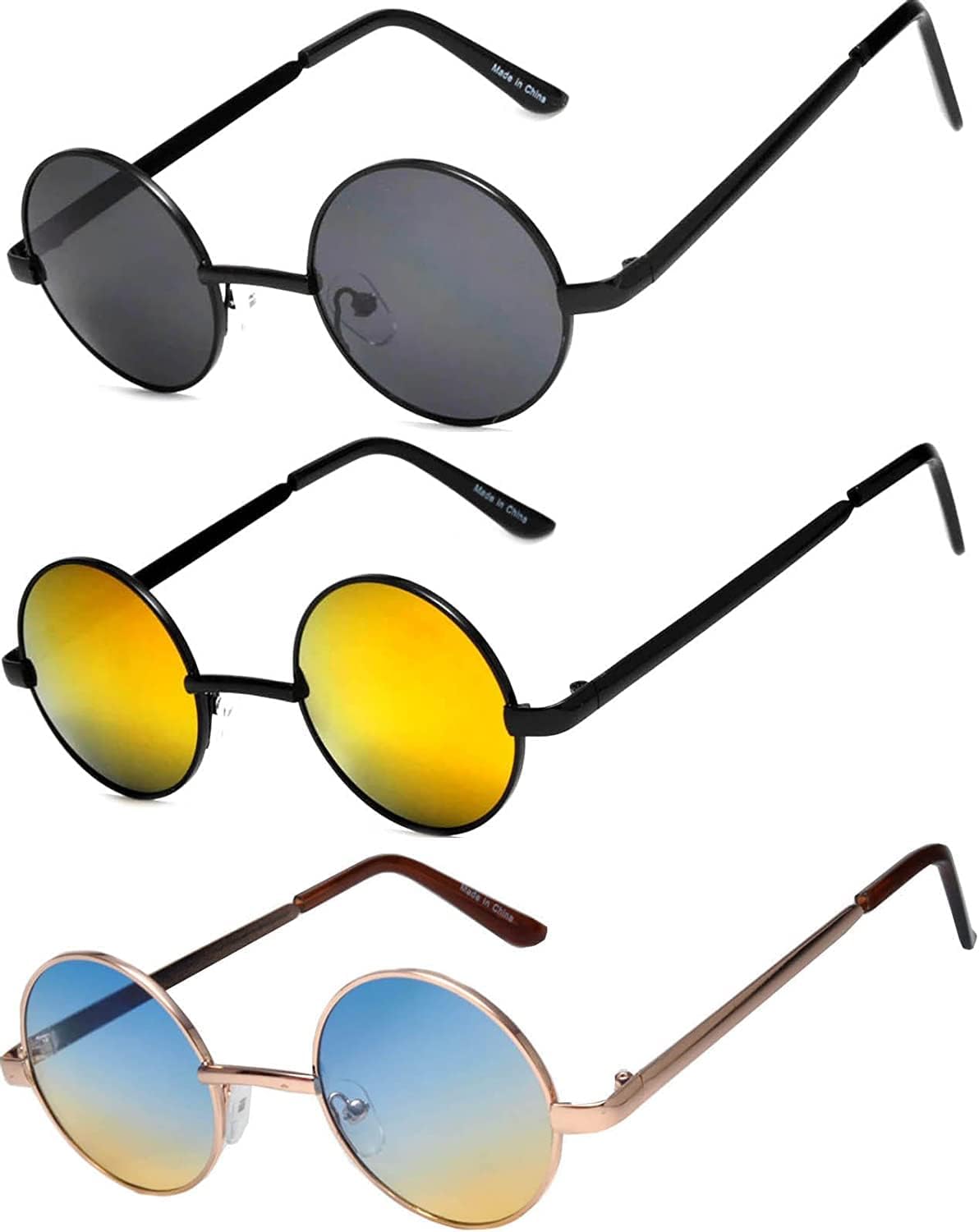 

Солнцезащитные очки OWL, набор из 3 пар, круглые, в стиле ретро-винтаж, с цветной металлической оправой, маленькая модель 43 мм, 43 Mm Smoke, Orange Mirror, Blue-yellow