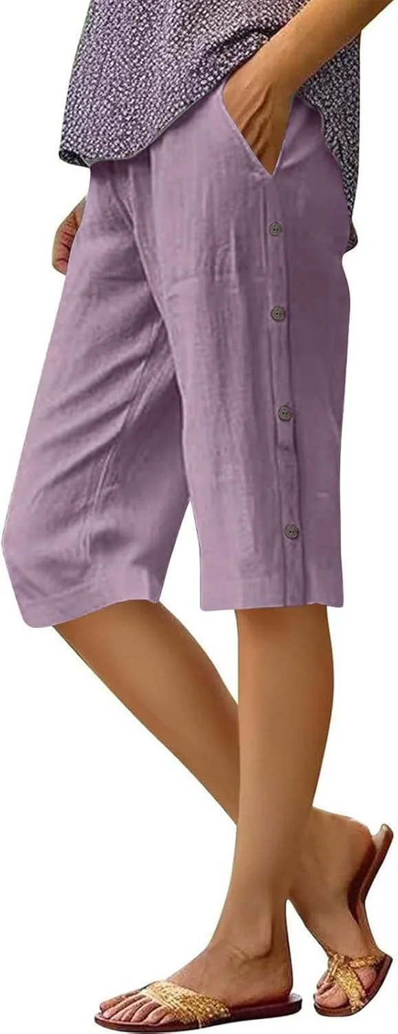 

Бермуды женские, длина до колена, хлопок-лен, летние, прямые, с карманами