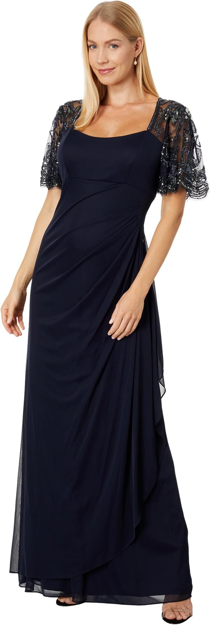 

Платье XSCAPE Long Sheer Matte Jersey Ruched 3/4 Bead Sleeve, темно-синий