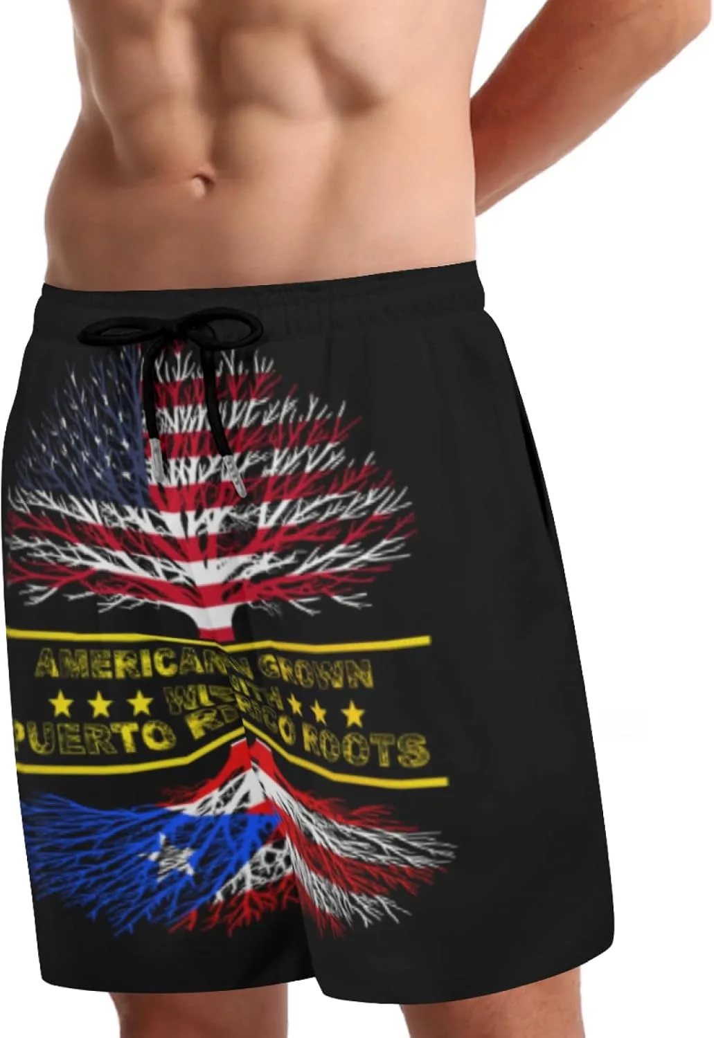 Мужские плавки American Grown and Puerto Rico Roots с сетчатой ​​подкладкой, завязками, быстросохнущие, с карманами Generic, черный — фото 2