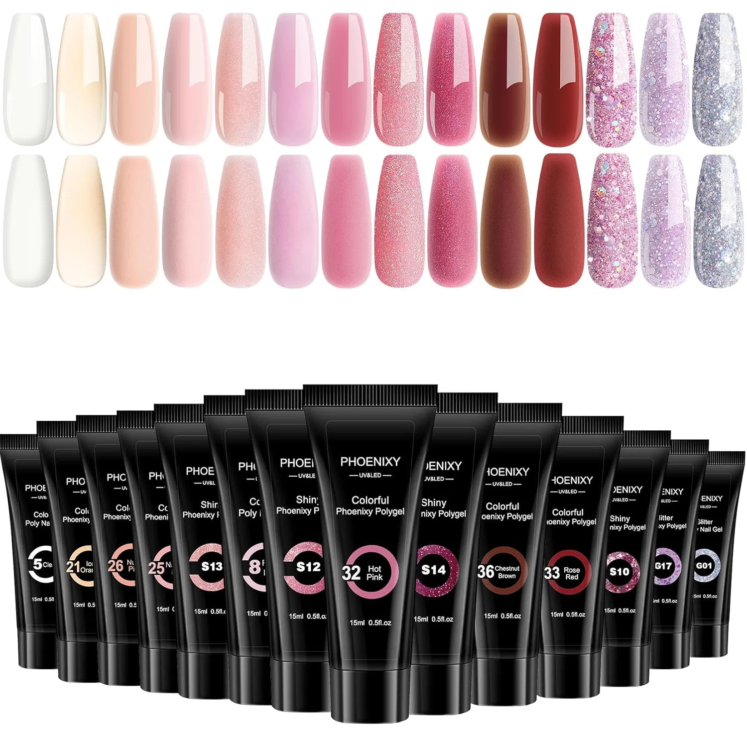 Набор полигелей для ногтей «Poly Nail Gel Set» от Phoenixy, 14 цветов, 15 мл Phoenixy, ‎Dark Burgundy Red