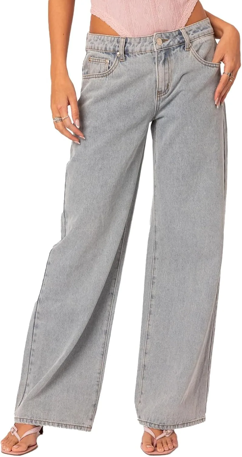 

Lisskolo Women Y2k джинсы baggy с вышитым бантом wide leg
