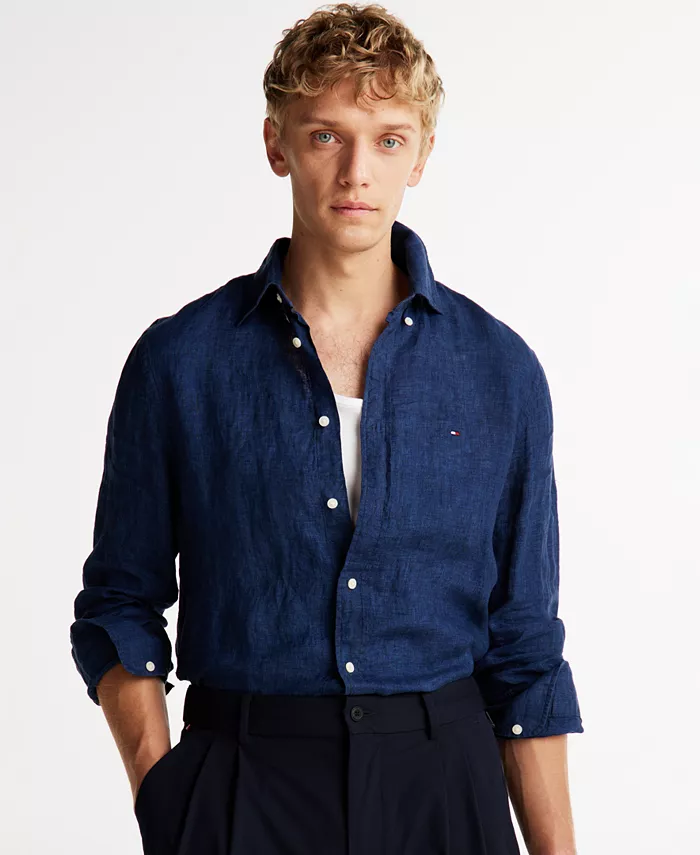 

Мужская рубашка из льна с пигментной окраской Regular-Fit Tommy Hilfiger, синий