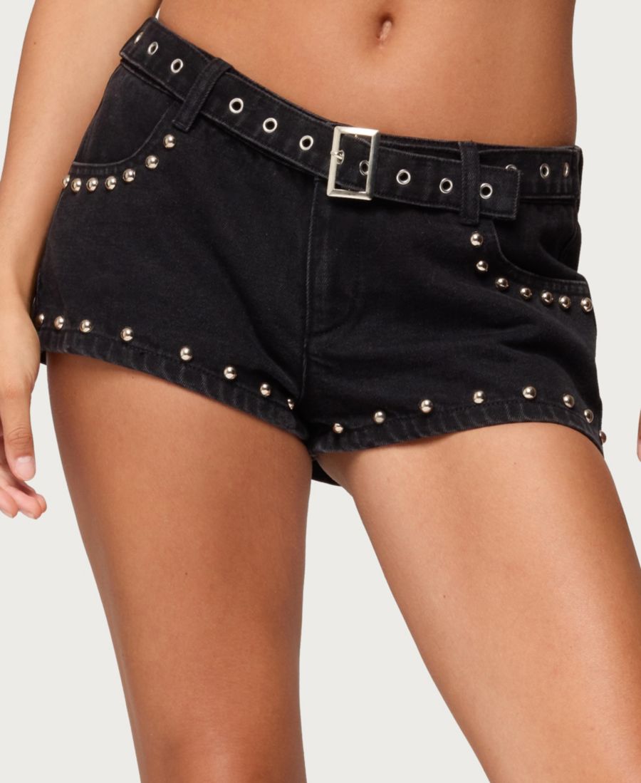 

Женские джинсовые микрошорты с люверсами и заклепками Edikted, Black