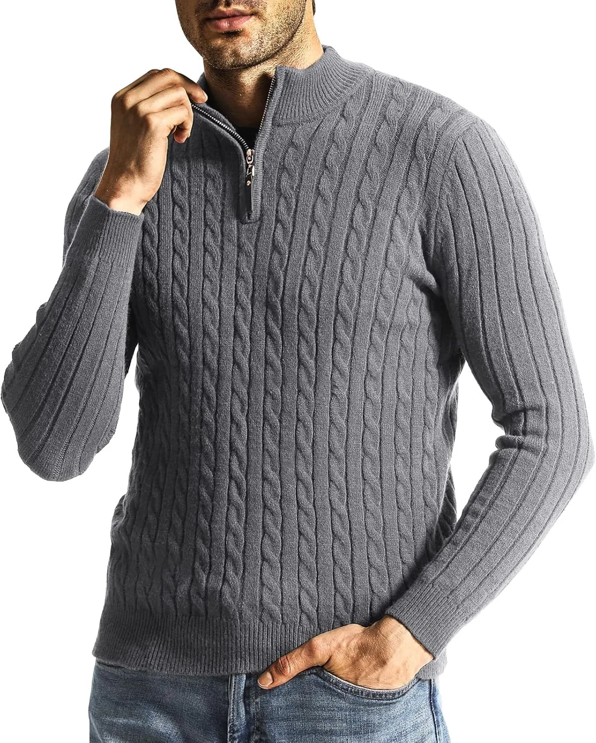 

Мужской свитер с четвертью молнией и кабельной вязкой Slim Fit Surenow