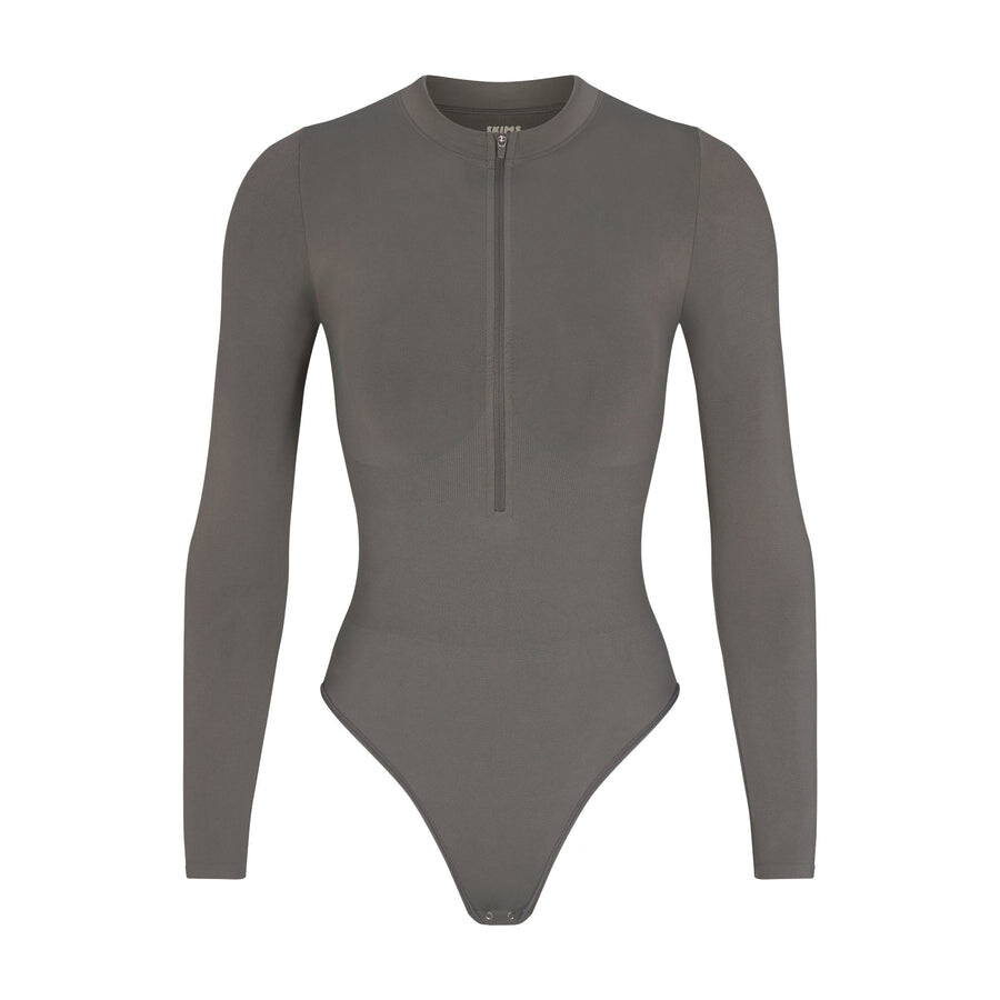 

Боди с длинными рукавами и молнией спереди SKIMS Contour Nylon, цвет Gunmetal