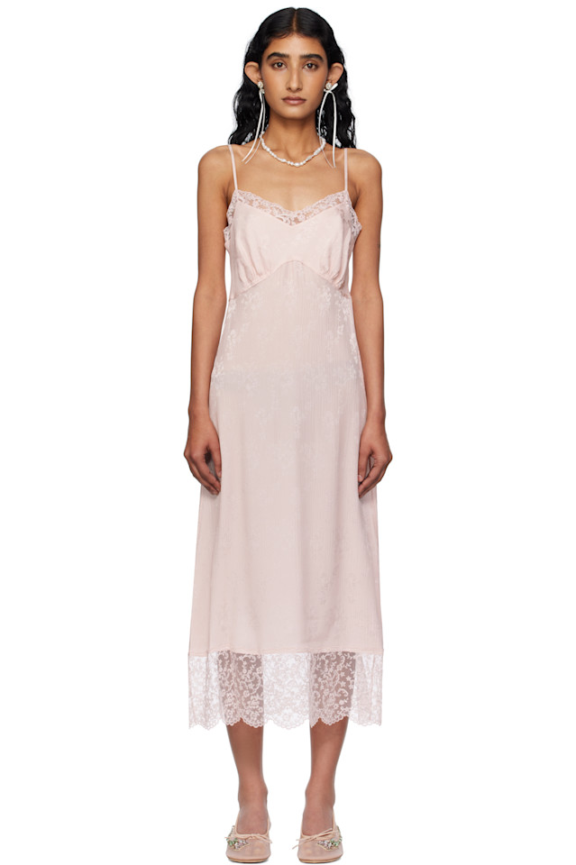 

Глубокое кружевное платье-миди на бретелях Simone Rocha, цвет blush