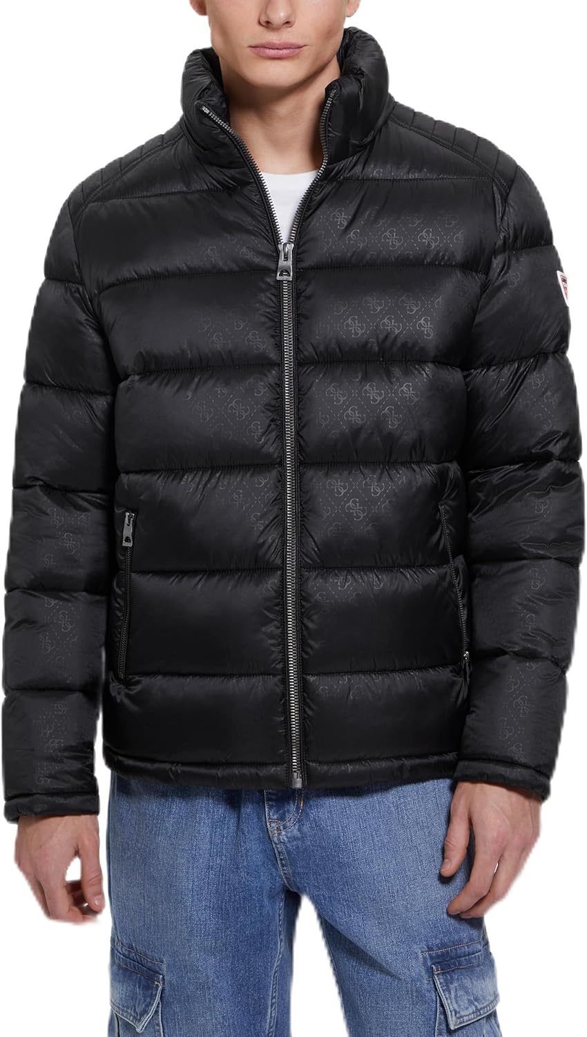 

Мужская стеганая куртка с капюшоном Adam Quilted Hooded Zip Puffer от GUESS, Black 4G Embossed Logo