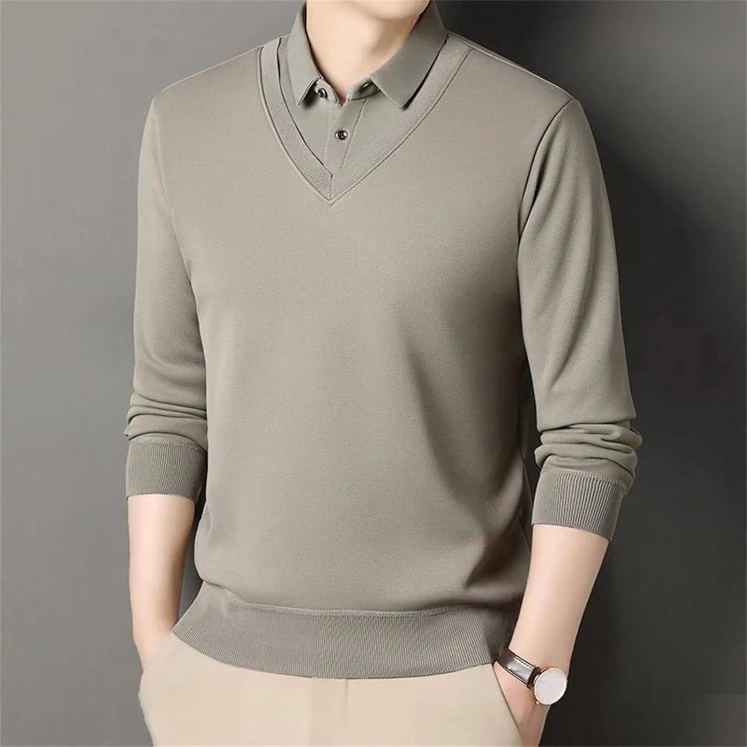 Мужской фейковый двухсоставной пуловер Slim Fit — деловой кэжуал — фото 4