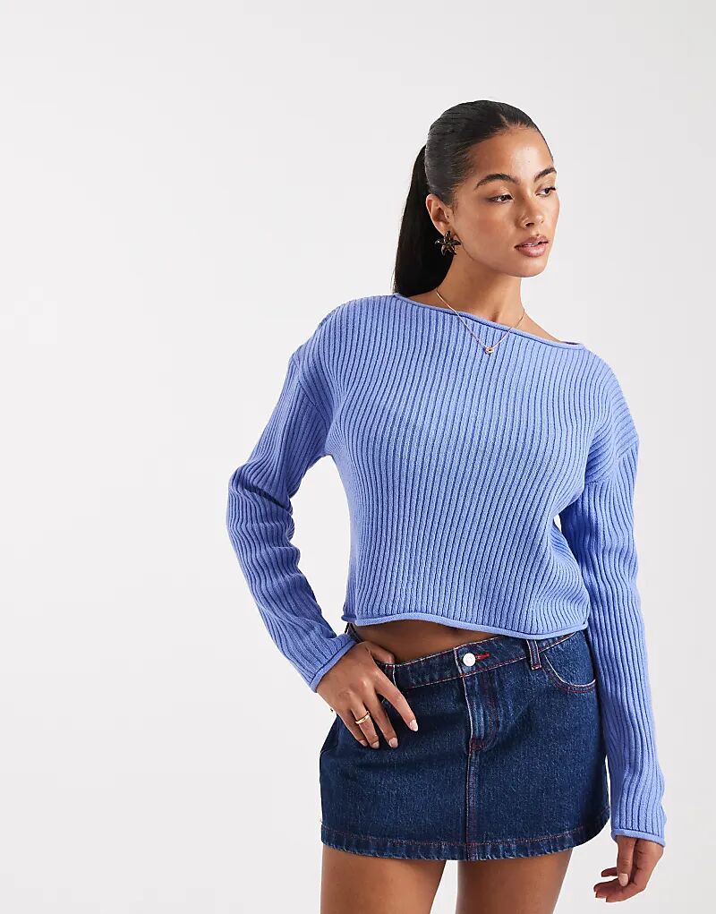 

Свободный ребристый свитер ASOS DESIGN с круглым вырезом и подвернутым краем синего цвета