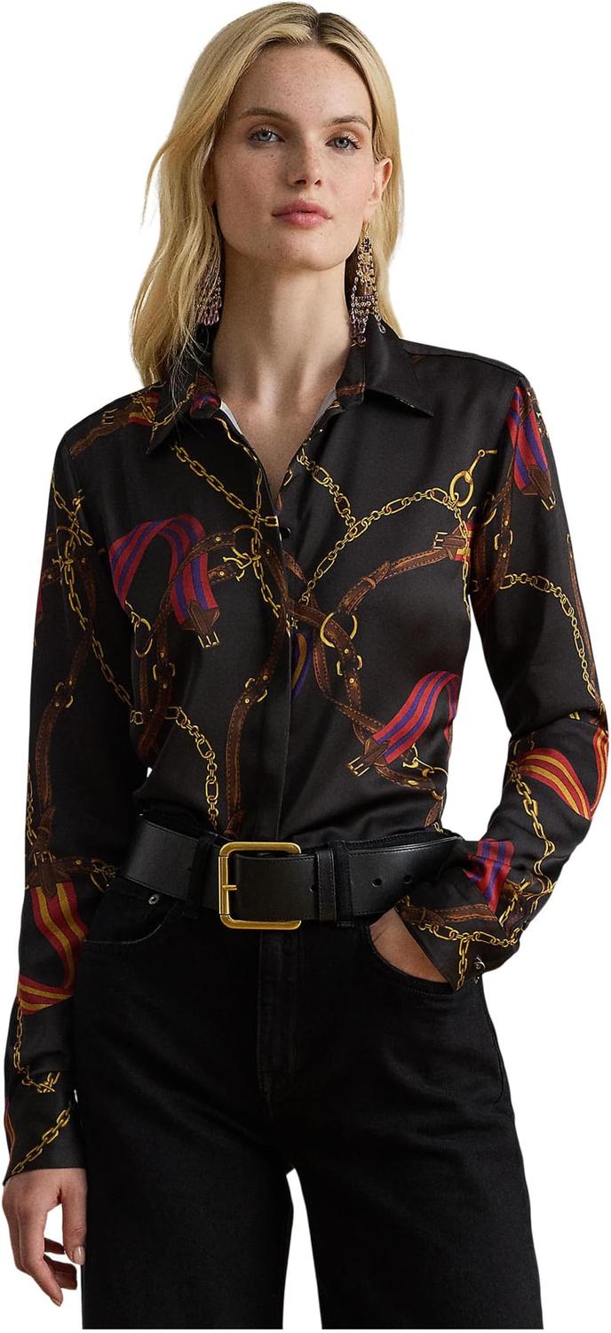 

Женская атласная рубашка классического кроя с поясом и принтом Lauren Ralph Lauren, Black Multi