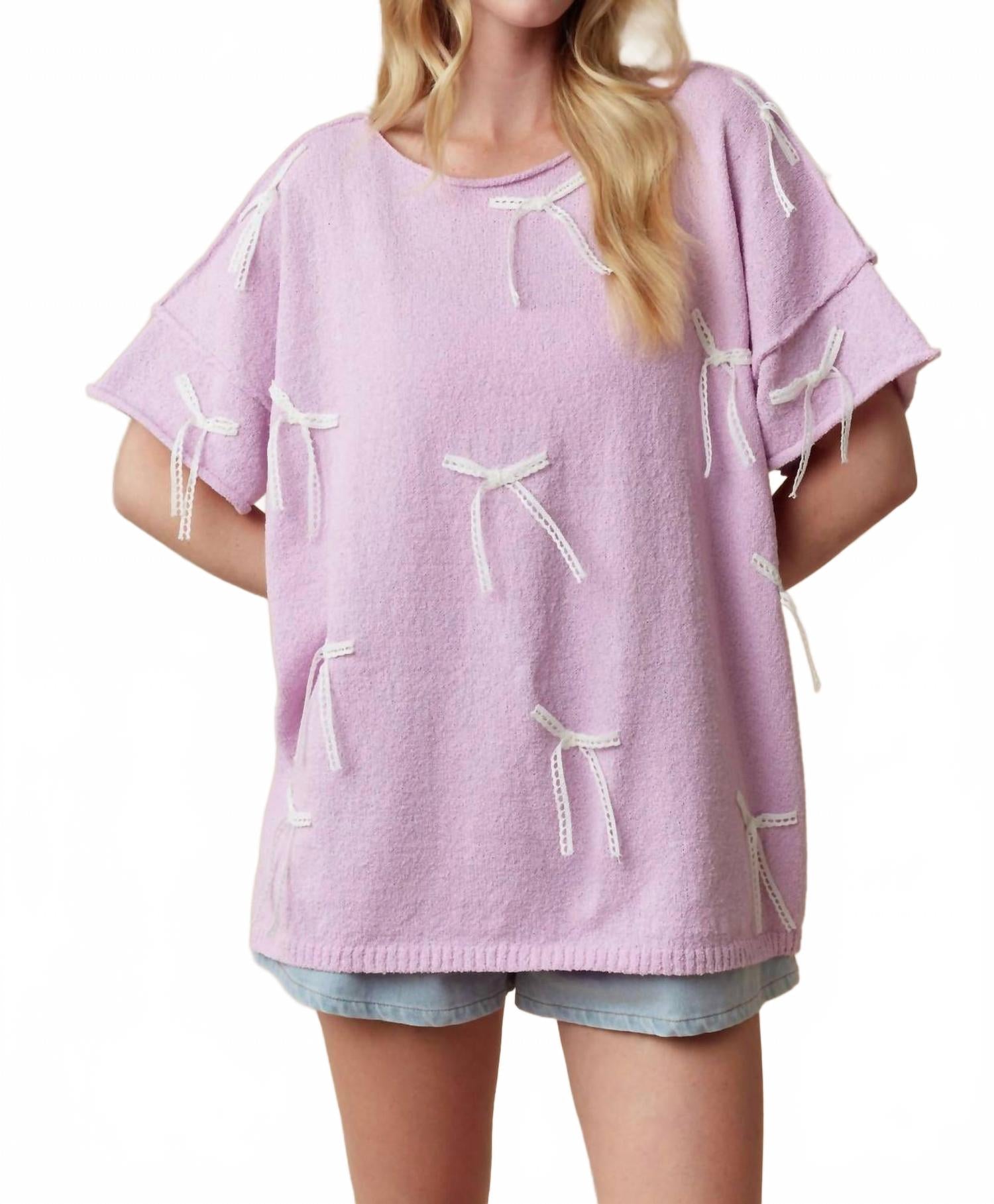 

Летний свитер с короткими рукавами и кружевным бантом в лавандовом цвете Fantastic Fawn, лавандовый