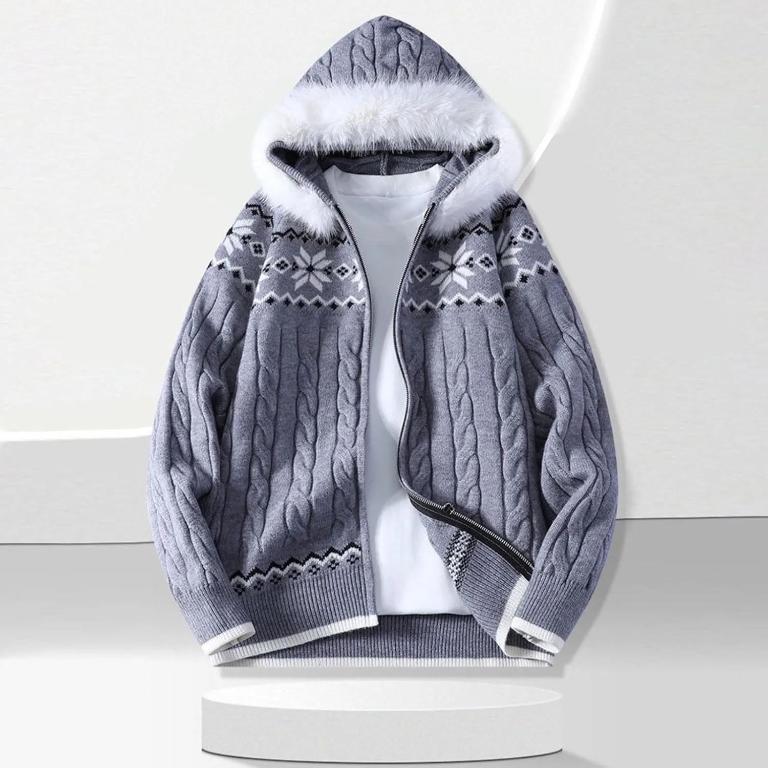 Рождественский свитер мужской с полной молнией Casual Hoodie Plus Size милый винтажный вязаный джекет с меховым капюшоном — фото 2