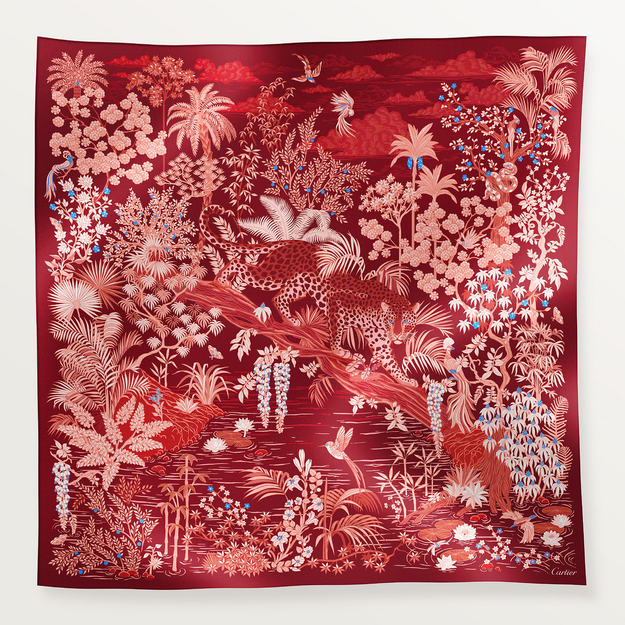 

Женский платок Cartier Carré 90, Panthere Faune and Flora, бордовый шелковый твил