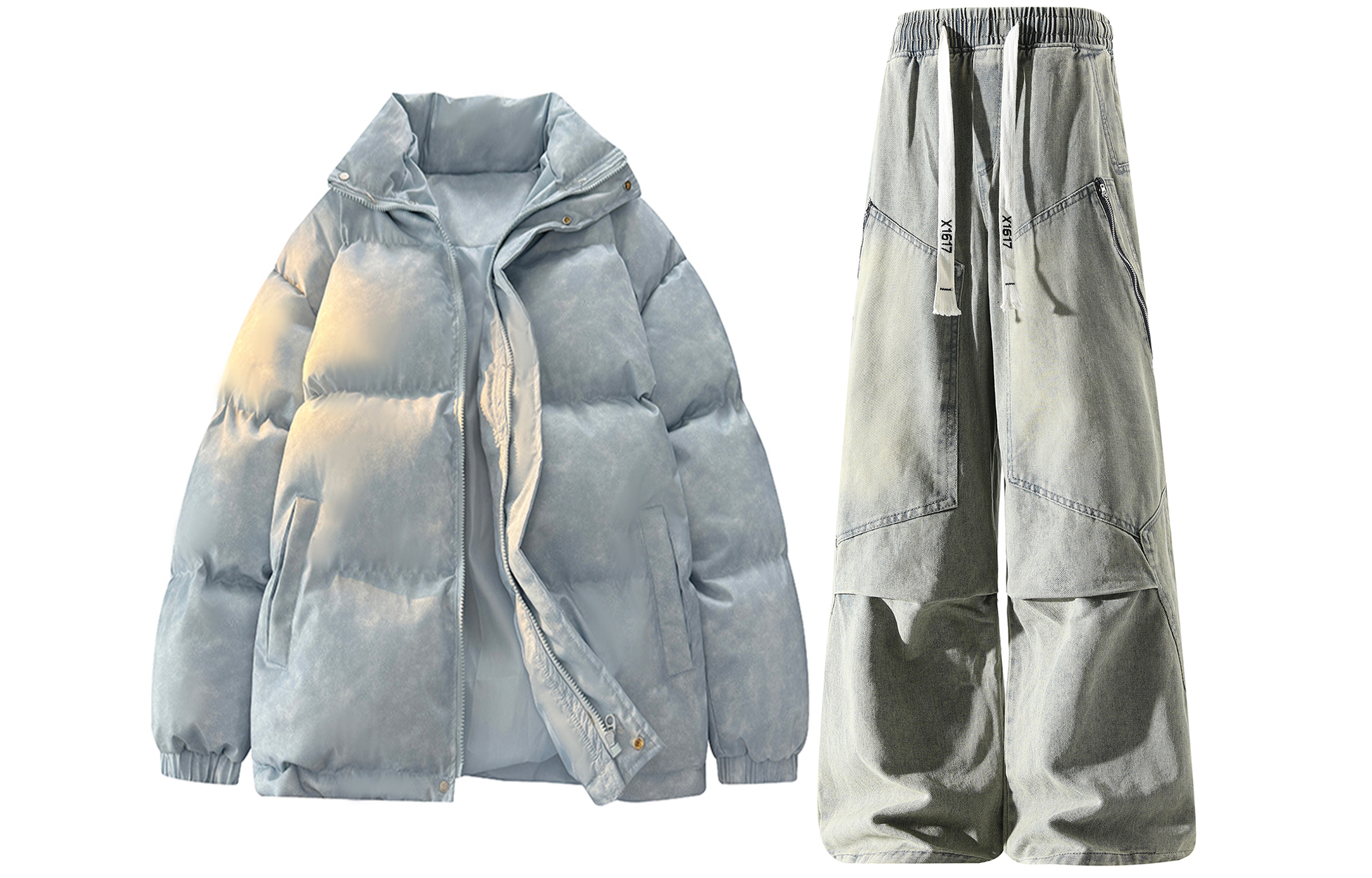 

Повседневная спортивная одежда унисекс стойка утолщенная X1617, синий puffer jacket+желтый mud pants