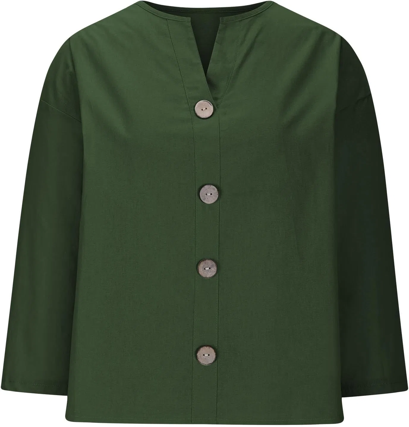 Женская блуза Linen Shirt, Button Down V Neck, 3/4 Sleeves, Army Green — фото 3