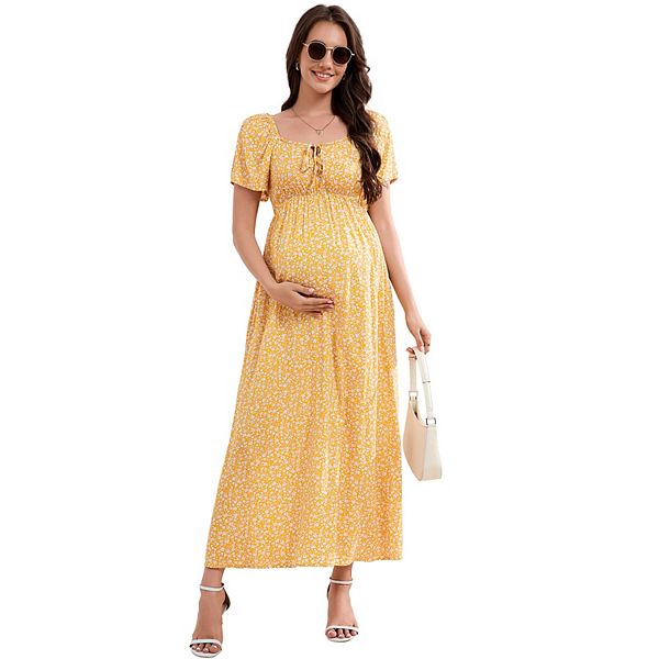 

Женское элегантное платье для беременных с квадратным вырезом и коротким рукавом в цветочном принте Seoria, Yellow